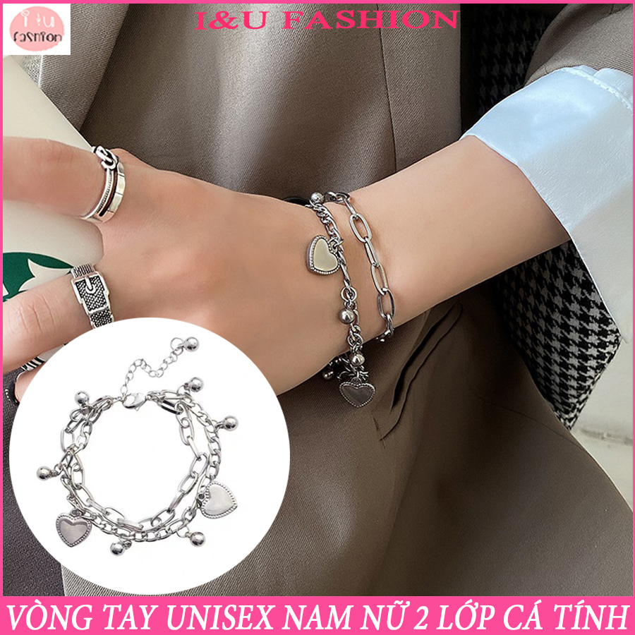 Lắc tay Vòng tay Nam Nữ UNISEX , vòng tay đôi , vòng tay nhóm 2 lớp dây to bản chắc chắn gắn trái tim và bi mini cá tính độc đáo và thời trang màu Bạc basic VT-33