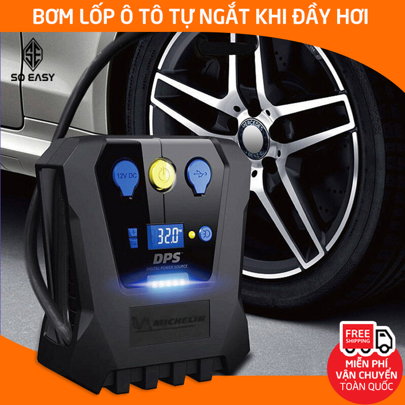 máy bơm lốp ô tô mini, bơm lốp ô tô xe máy mini điện 220v, Máy bơm lốp ô tô, xe hơi tự ngắt Michelin 4398ML (12266) động cơ mạnh mẽ 180W cho áp suất tối đa 150PSI, tốc độ bơm nhanh 35l/phút - Tặng Kèm Bộ Chuyển Nguồn 220v sang 12v- Bảo Hành Toàn Quốc
