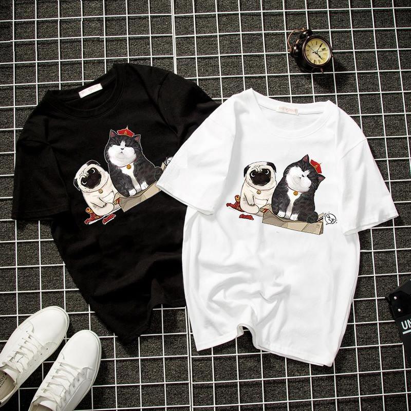 Áo thun unisex đẹp in hình mèo hoàng thượng và chó pug vải dày mịn TEEWT2149