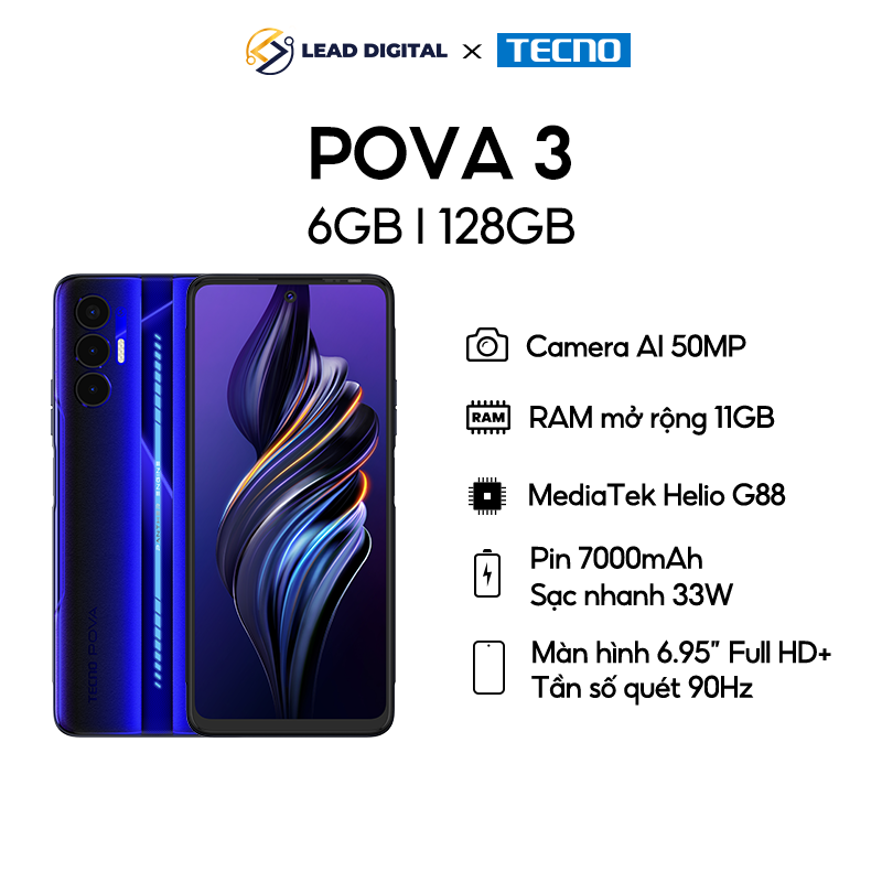 Điện thoại Gaming Tecno POVA 3 (6+5GB)/128GB - Helio G88 | 7000 mAh | Sạc nhanh 33W - Hàng Chính Hãng
