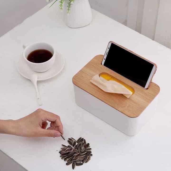 HỘP ĐỰNG GIẤY ĂN NẮP GỖ KÈM GIÁ ĐỂ ĐIỆN THOẠI