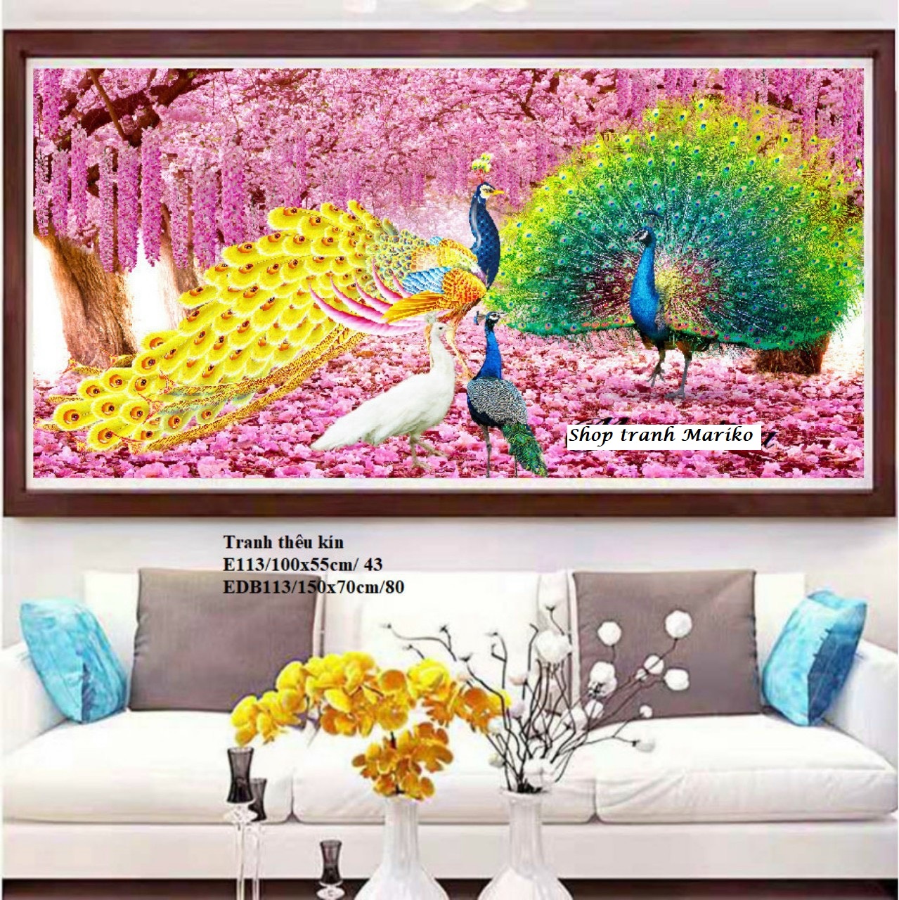[HCM]Tranh thêu chữ thập chim công hoa mẫu đơn E113 Kích thước 100 x 55cm