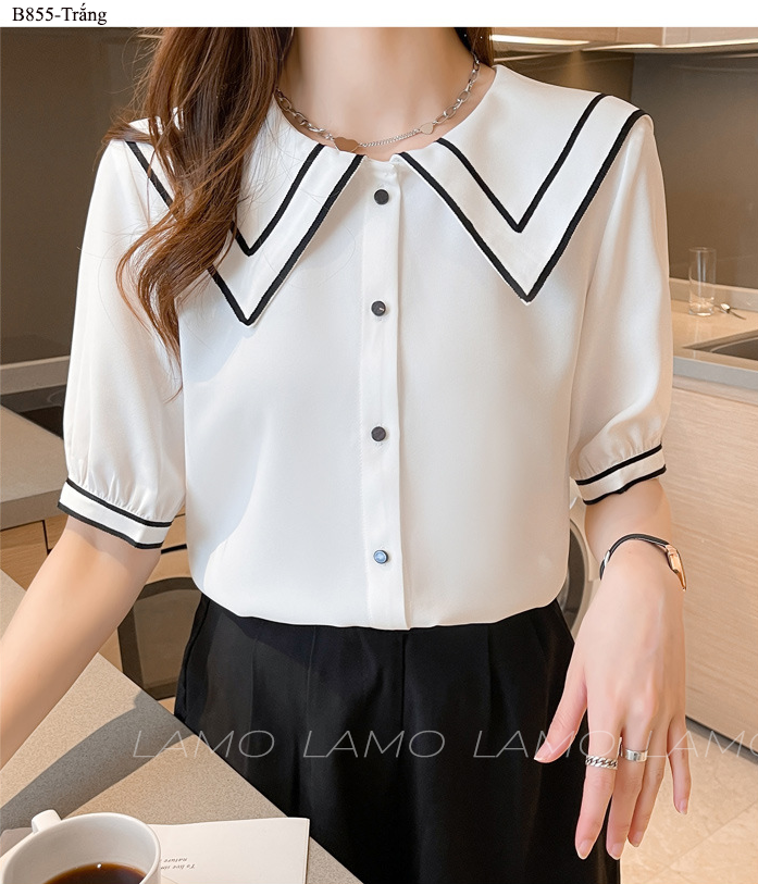 Áo sơ mi nữ đũi phối viền cổ - B855