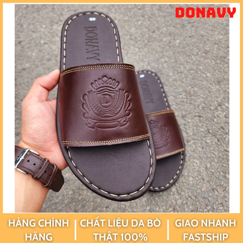 Dép quai ngang nam da bò thật 100%, bản ngang thiết kế vương miện bắt mắt, quai may xuyên đế bao chắc chắn d.qnvm