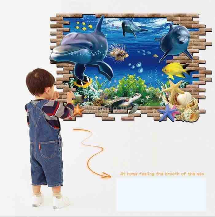 Decal tranh dán tường cá heo 3D