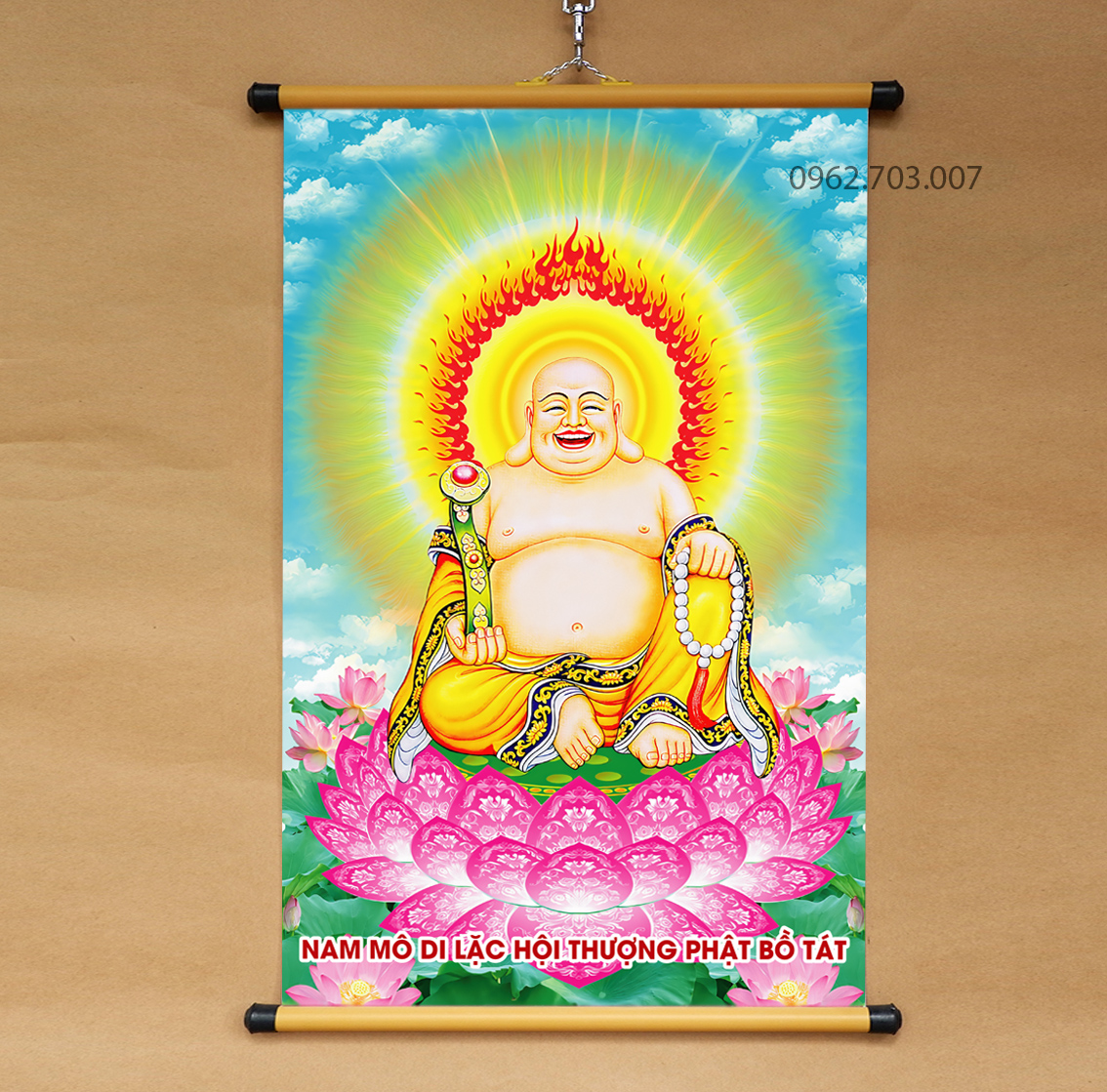 Tranh Phật Di Lặc treo tường 40x60cm bằng vải phủ bóng cao cấp dày dặn