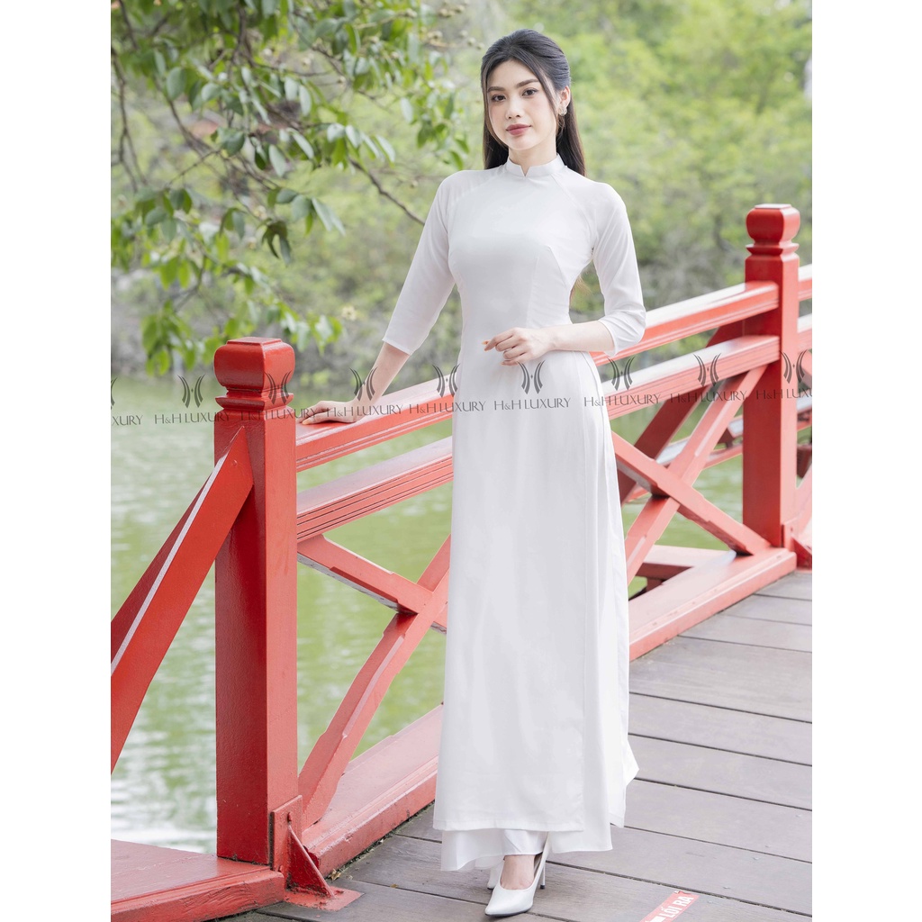Áo dài trắng truyền thống nữ học sinh đi học cấp 3 thiết kế may sẵn 2 tà kiểu cổ cao 2cm chữ V giá rẻ vải lụa Tây Thi co giãn cao cấp mặc kỷ yếu chụp ảnh đẹp