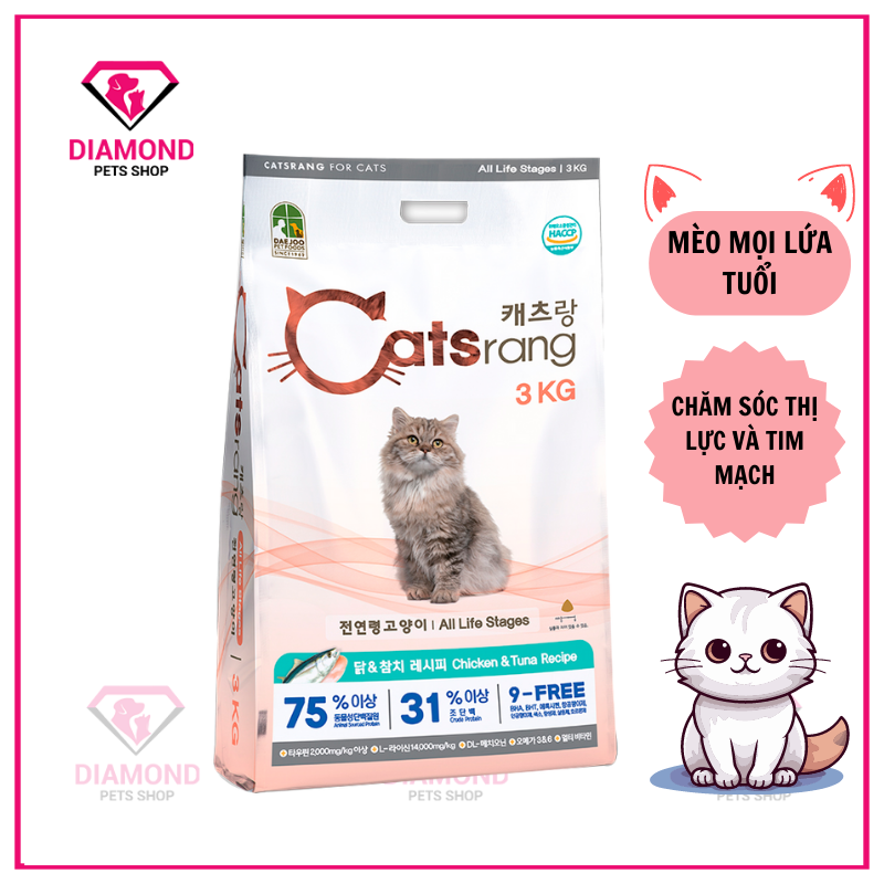 Thức ăn hạt cho mèo mọi lứa tuổi CATSRANG túi 3kg thơm ngon bao bì mới