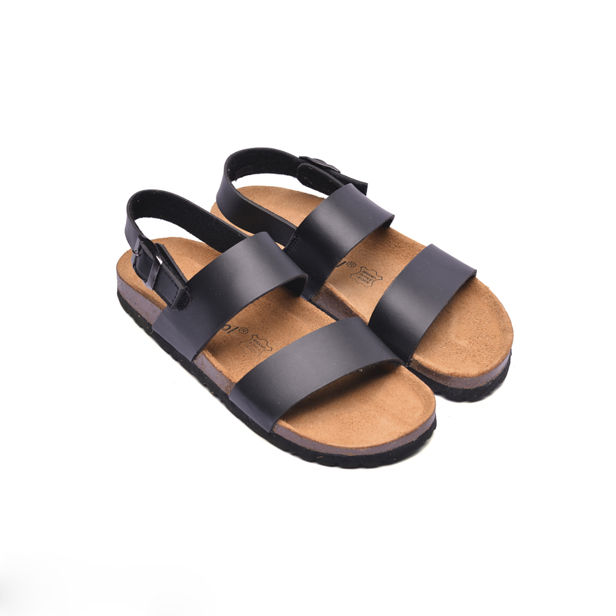 Giày Sandal đế trấu unisex 2 quai da pu đen