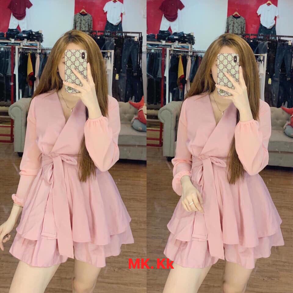 Jum voan cổ V đắp chéo thắt nơ eo siêu hót TTSA0089