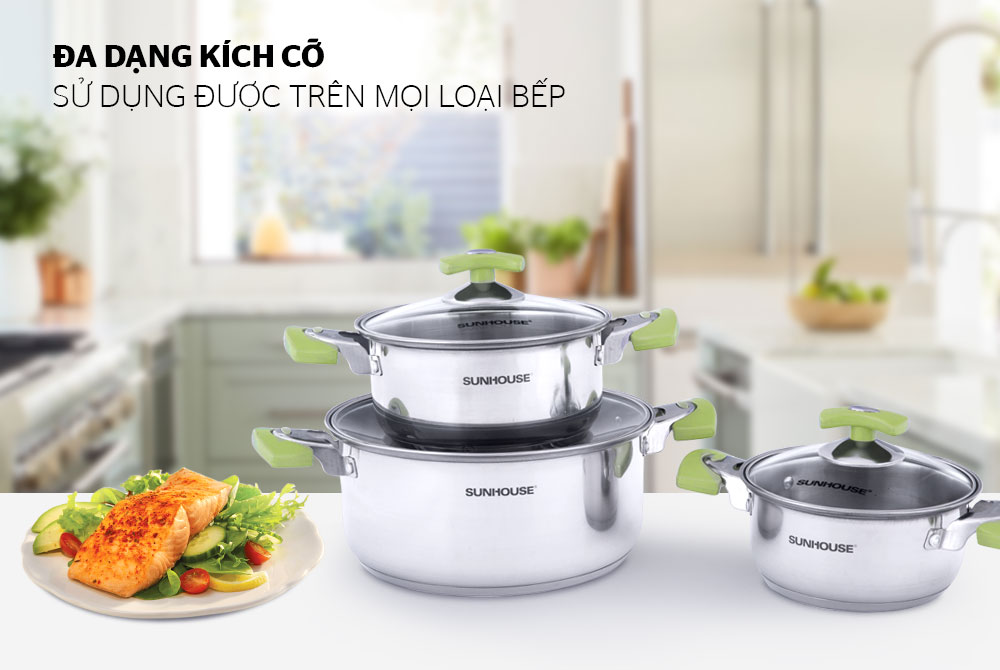 Bộ nồi inox 3 đáy SUNHOUSE SH336