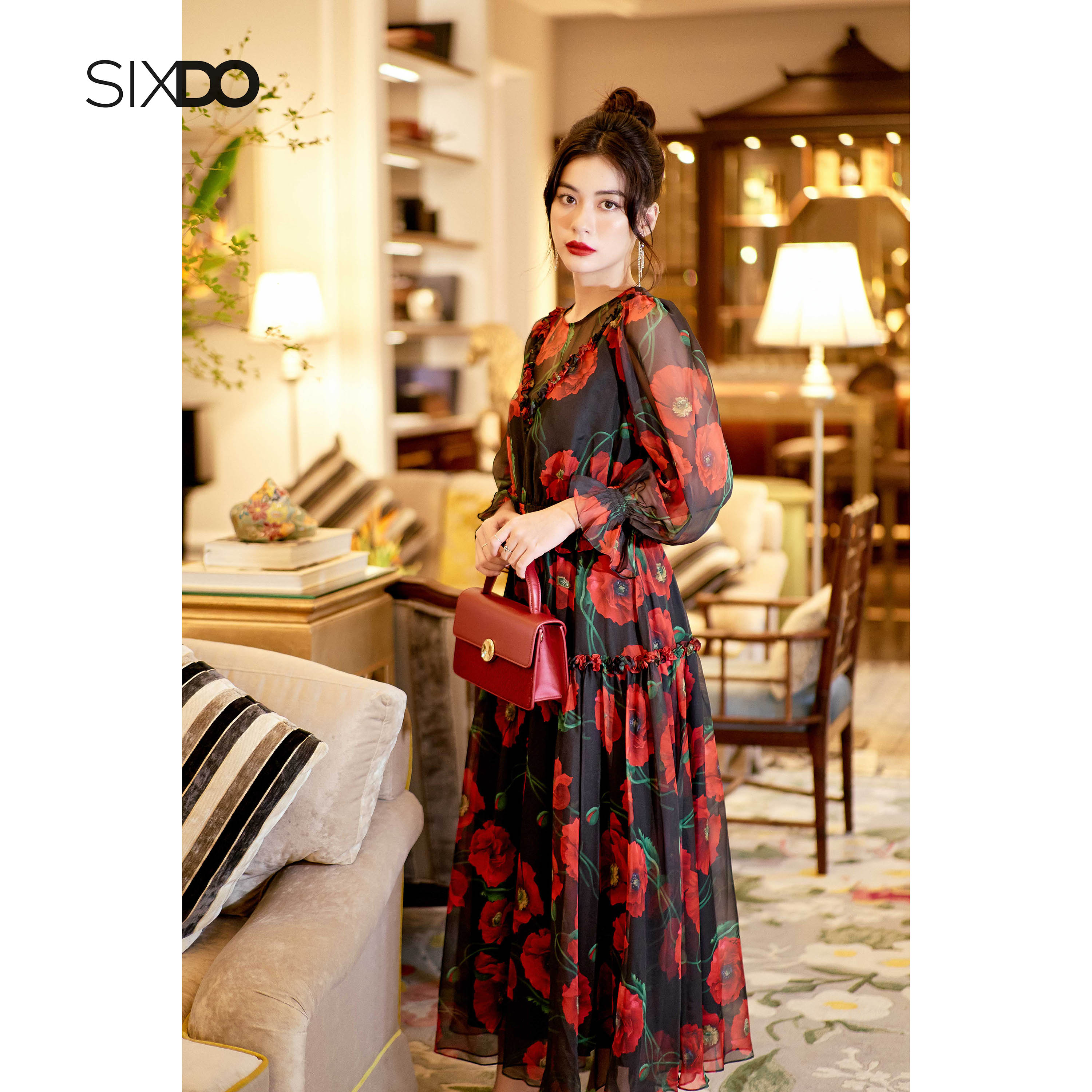 Đầm voan hoa tay phồng cổ tròn SIXDO (Black Poppy Puff-sleeves Midi Voile Dress)