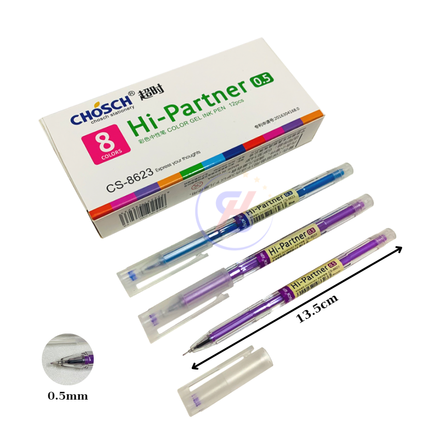 Hộp 12 cây bút gel, bút nước chosch cs-8623 mực xanh, tím, đỏ