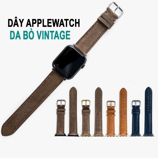 Dây apple watch da bò Vintage D116-da thật-khâu tay thủ công cao cấp, dây đeo apple watch series 3-series 4-series 5-series 6-se size 38mm-40mm-42mm-44mm, tặng tháo chốt, thương hiệu Bụi leather chuyên đồ da thật, bảo hành 12 tháng