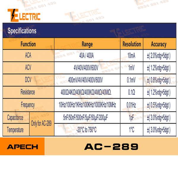 [HCM]Apech AC-289 Ampe kìm đo điện đo dòng điện AC 400A
