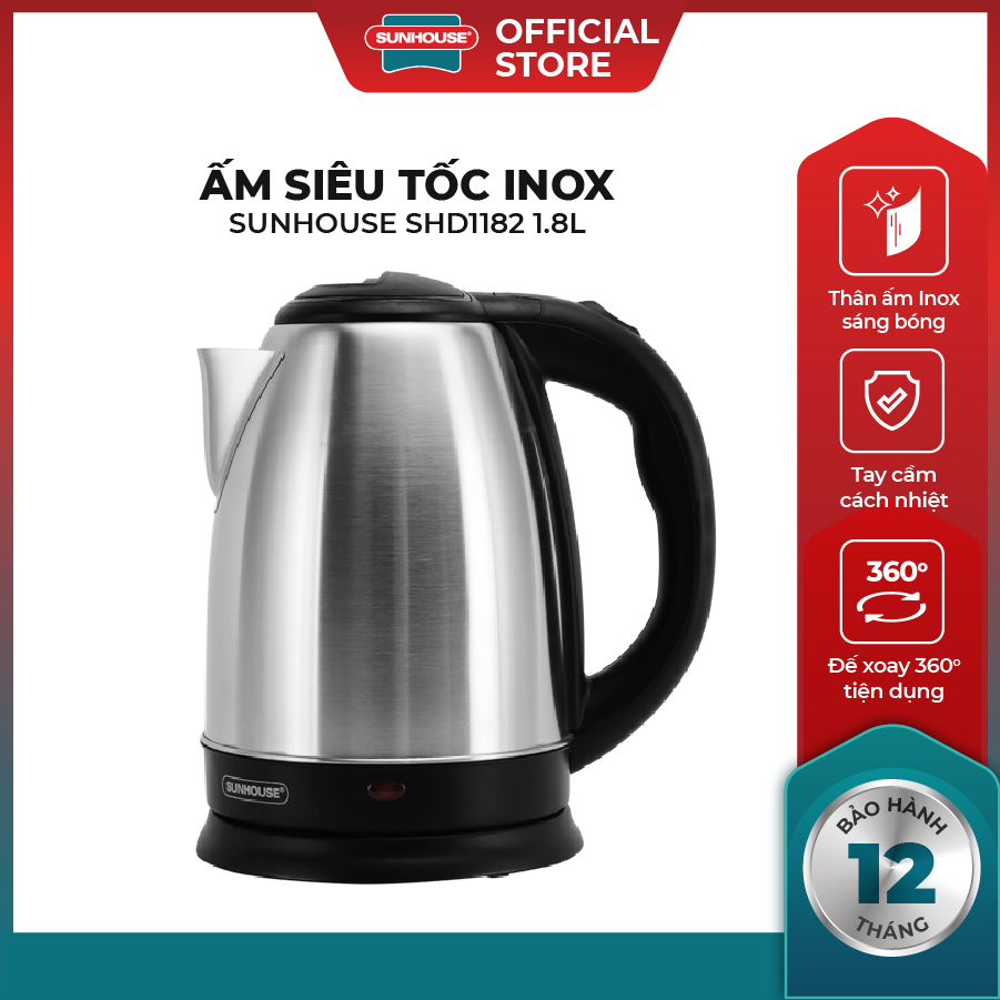[7 NGÀY ĐỔI MỚI ] SHD1182 Ấm siêu tốc Inox Sunhouse 1.8L (Inox) , bình đun siêu tốc , sản phẩm được bán chạy nhất , bảo hành toàn quốc 12 tháng .