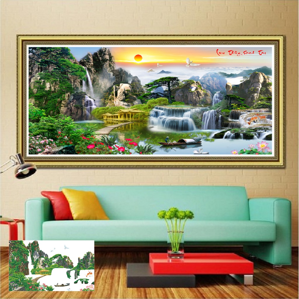 Tranh đính đá phong cảnh tranh phong thủy non nước hữu tình 160x70cm