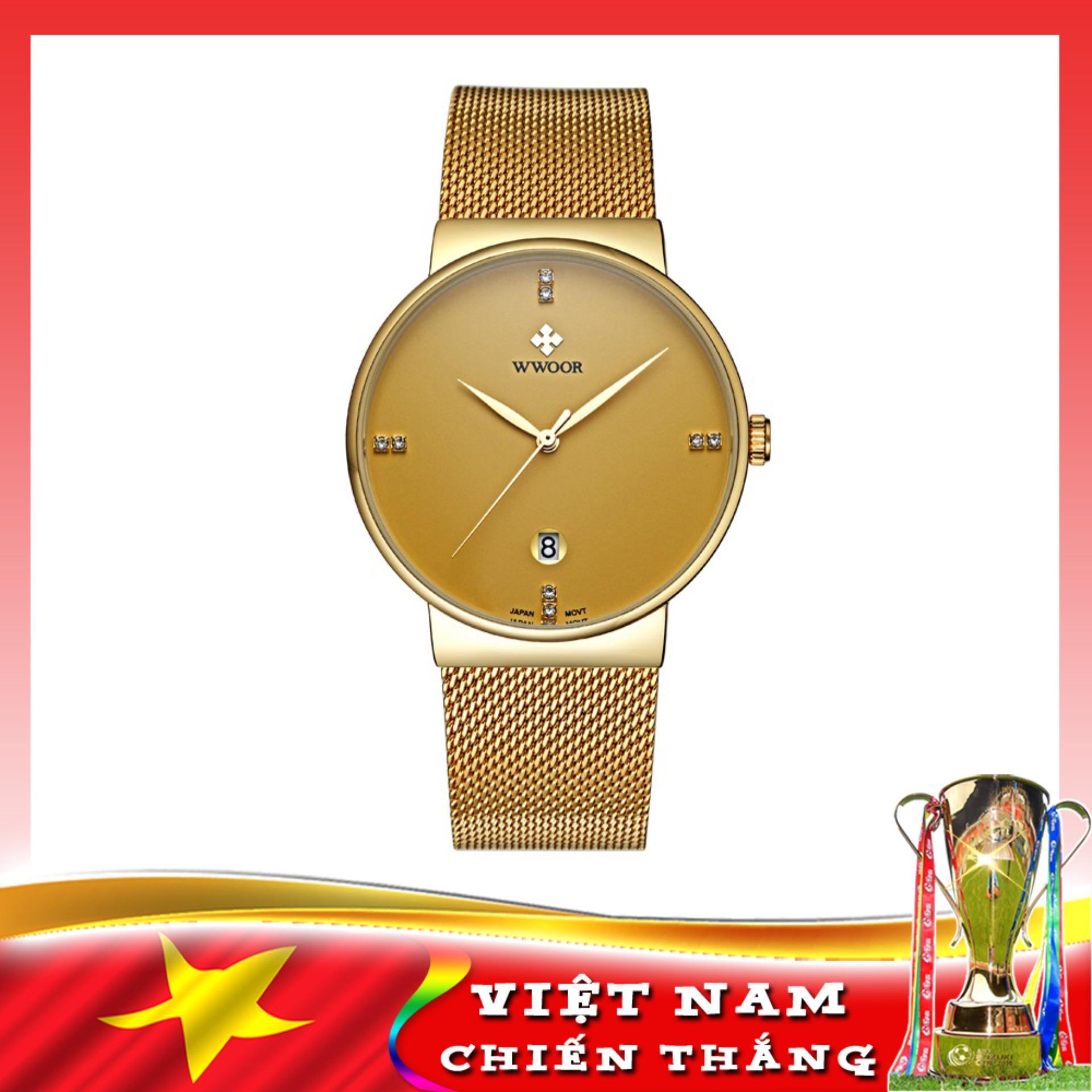 Đồng hồ đeo tay WWOOR 8818 dây thép lưới sang trọng và thanh lịch, tặng Pin SONY 626 Japan