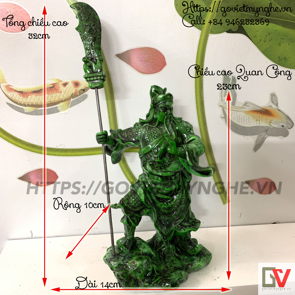 Tượng Đá Quan Công Cầm Đao - Màu Xanh Lục Bích