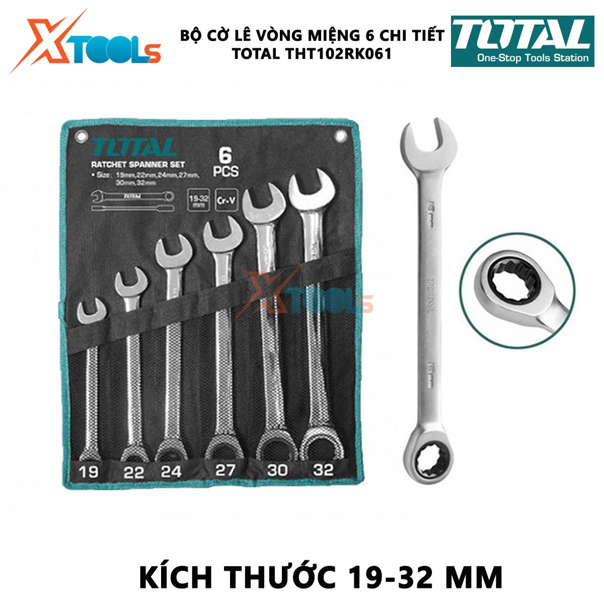Bộ cờ lê vòng miệng 6 chi tiết TOTAL THT102RK061 | bộ cờ lê miệng vòng 2 chiều kích thước 19-32mm (19mm, 22mm, 24mm, 27mm, 30mm, 32mm )