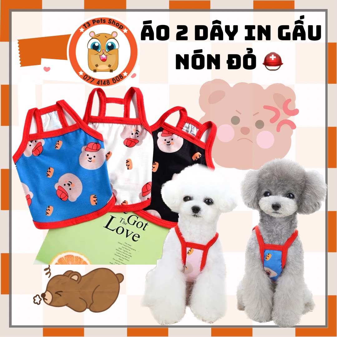 Áo 2 dây in bear đội nón đỏ cho chó mèo