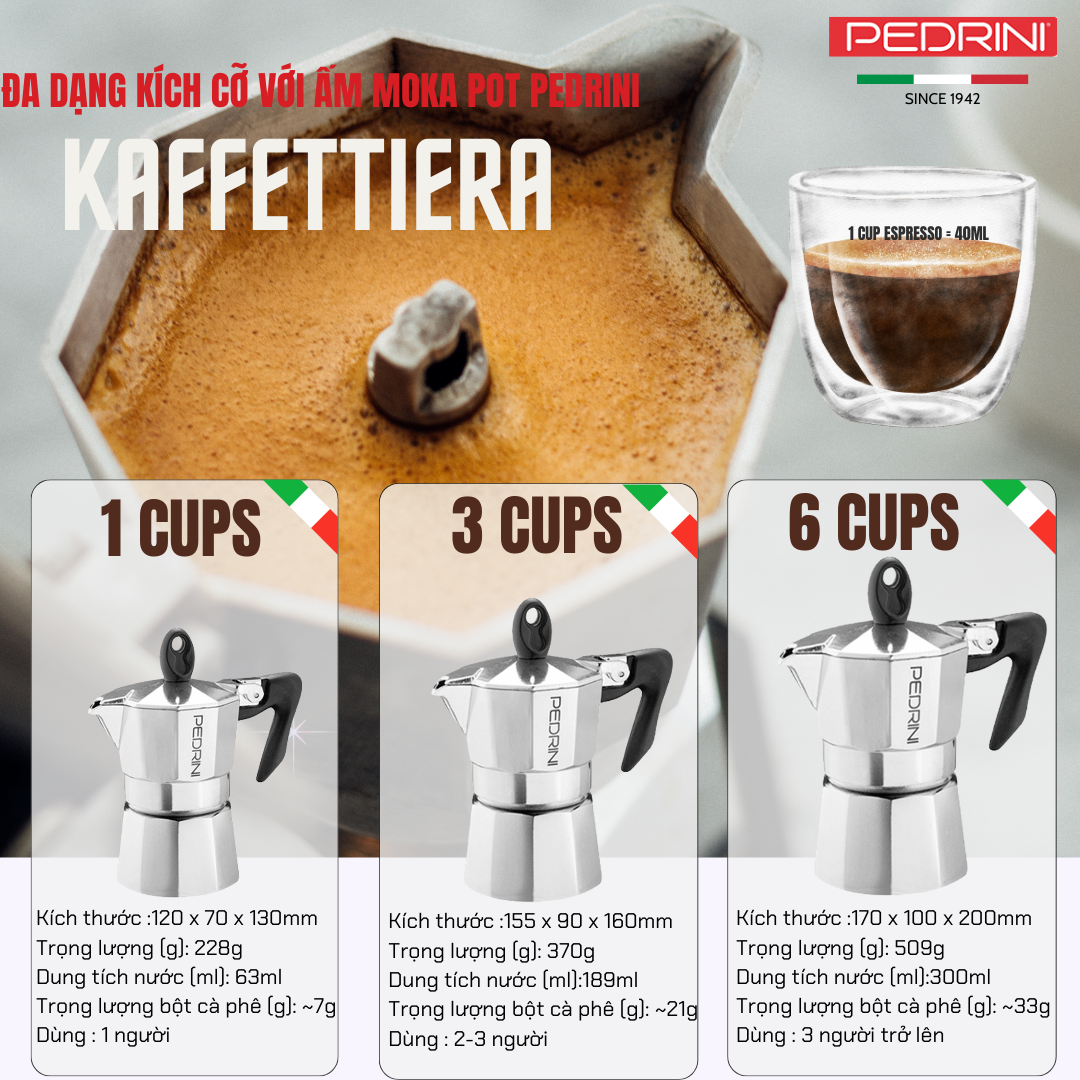 Ấm Pha Cà Phê Kiểu Ý Moka Pot PEDRINI Kaffettiera Bằng Nhôm Nhập Khẩu Chính Hãng - Loại 1,2,3, 6 Cups - Màu Đen