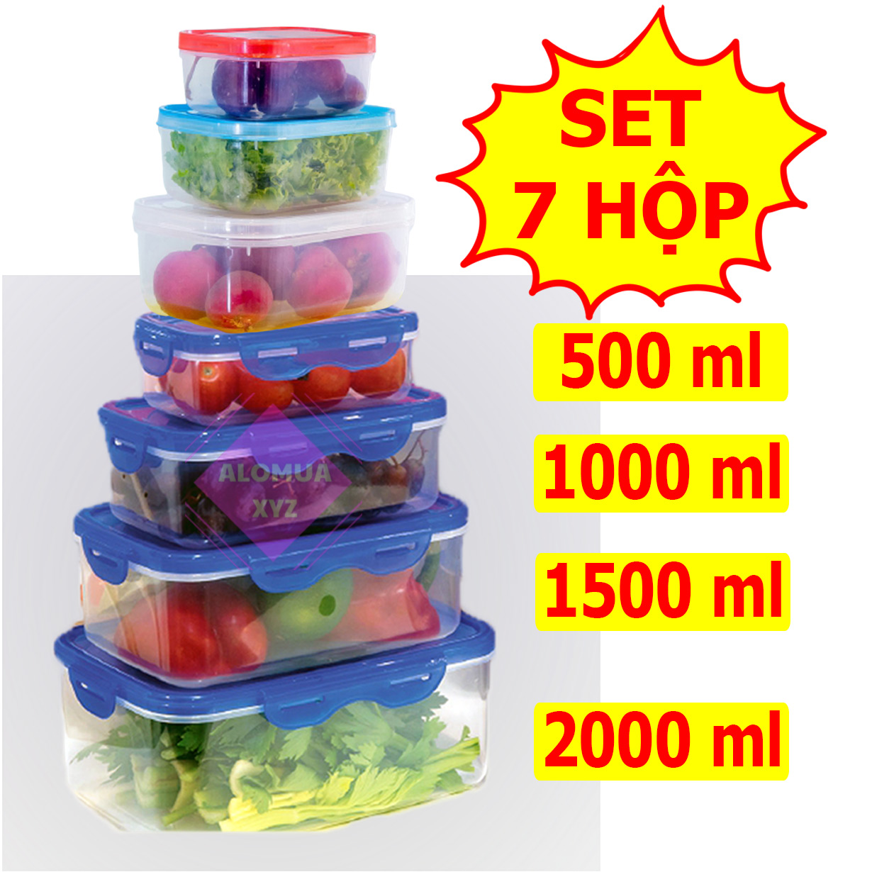 Set 7 hộp nhựa  đựng thực phẩm chữ nhật, hộp có nắp gài chắc chắn.  Bộ hộp đủ loại nhiều dung tích  từ 100 đến 2000ml  HTP78910 HB010203 Alomua