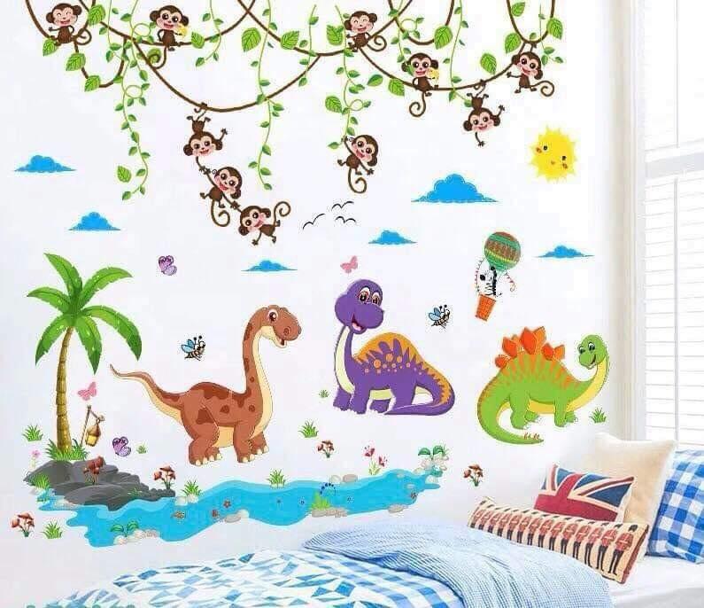 Combo 2 bức decal dán tường công viện khủng long và khỉ leo cây