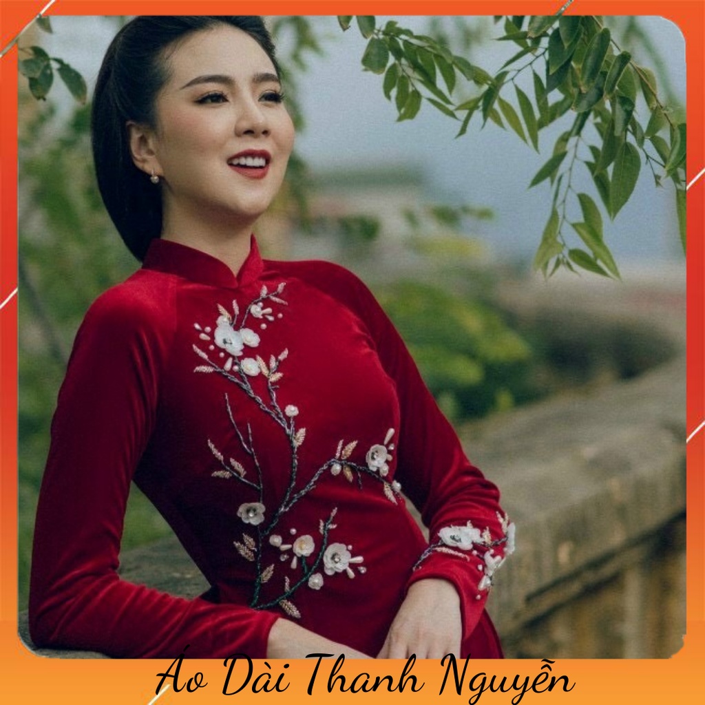Áo Dài Nhung Đỏ Thiết Kế May Sẵn Cao Cấp