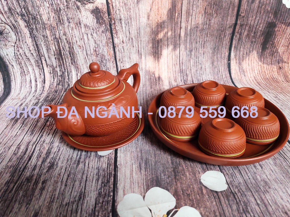 Bộ ấm chén gốm tử sa chóp tròn có khay 1 lớp
