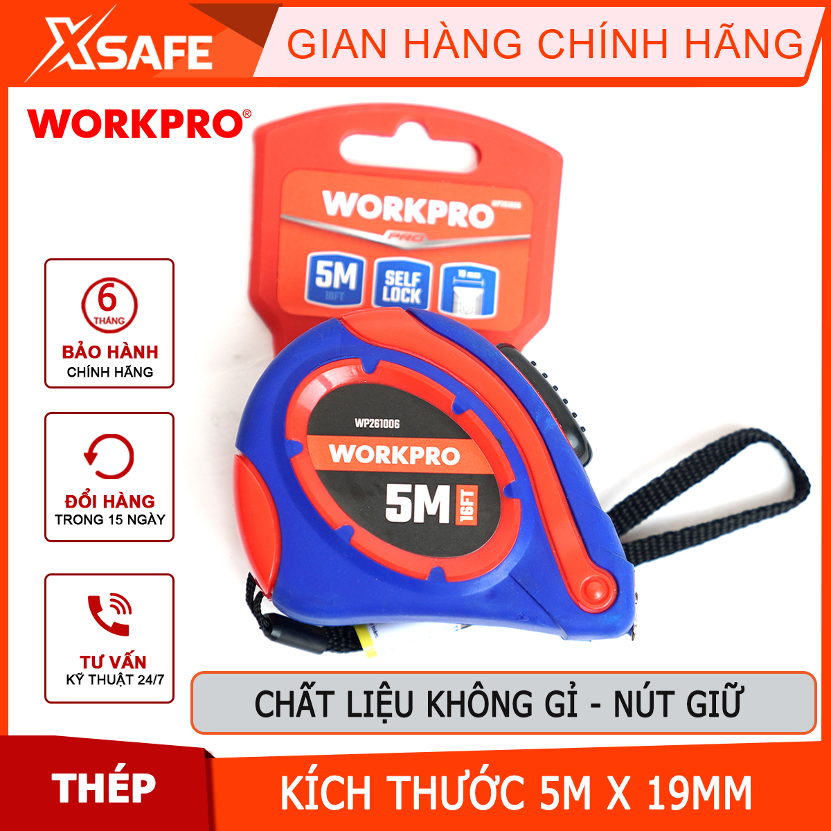Self-locking steel ruler, size 5m x 19mm workpro-wp261006
