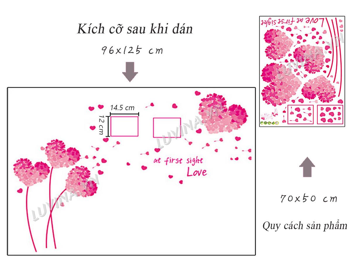 DECAL DÁN TƯỜNG TRÁI TIM HỒNG VÀ CẶP ĐÔI