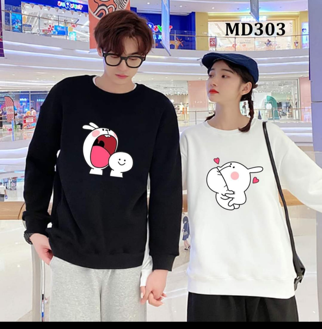 SÉT ÁO ĐÔI HOODIE NAM NỮ ĐÔI THỎ HÁ MIỆNG SIÊU ĐÁNG YÊU