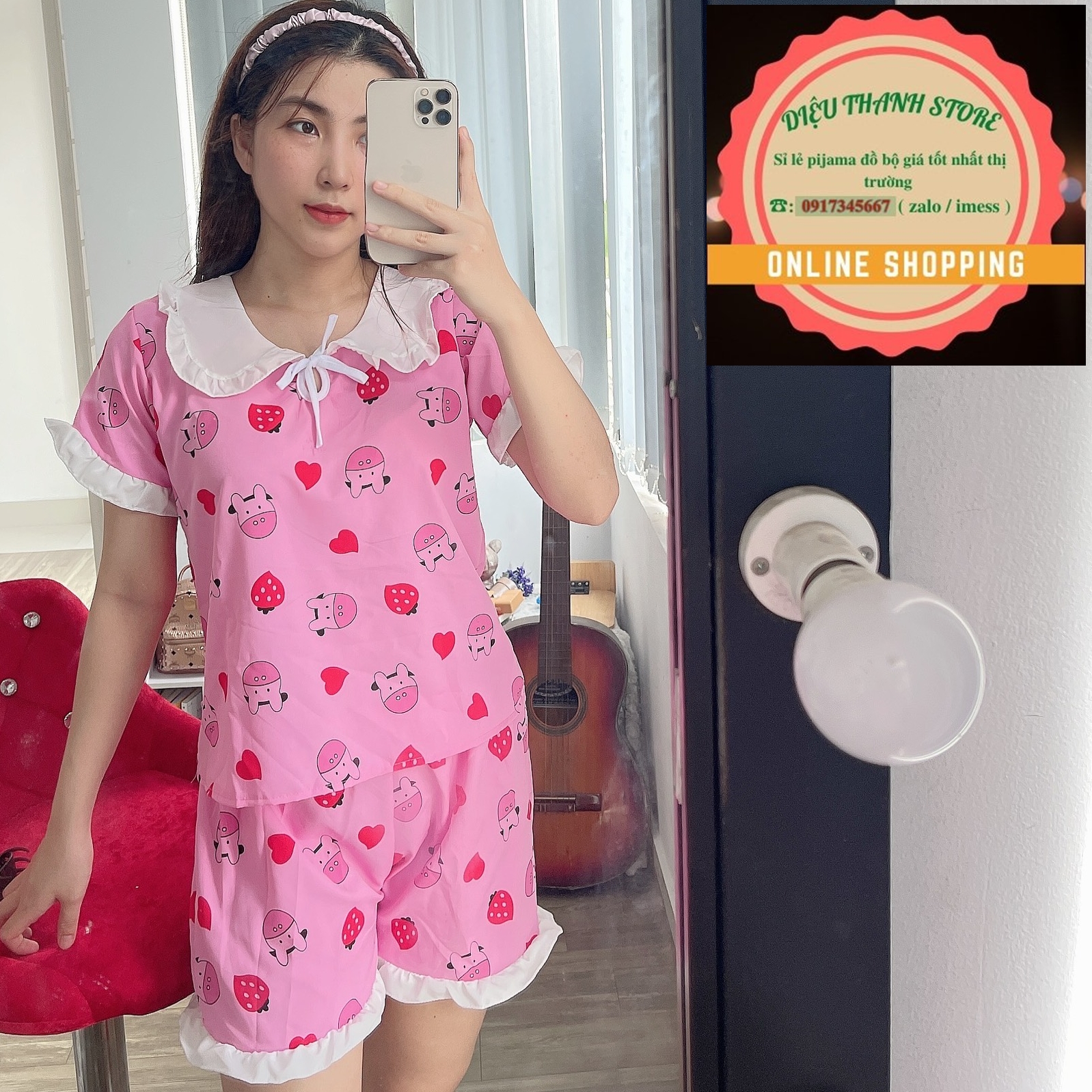 Đồ bộ đùi ngắn trái dâu hoạt hình mẫu kate lụa dưới 56kg