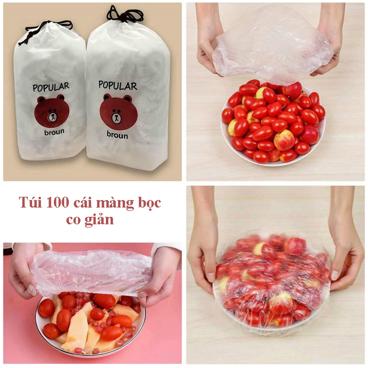 Set 100 Màng Bọc Thực Phẩm Túi Gấu, Màng Bọc PE Co Giãn