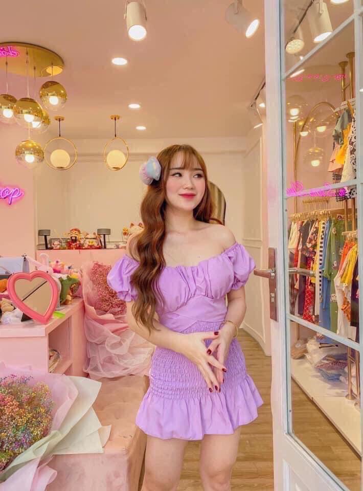 Đầm tím nhún váy hở eo phong cách TTSA0445