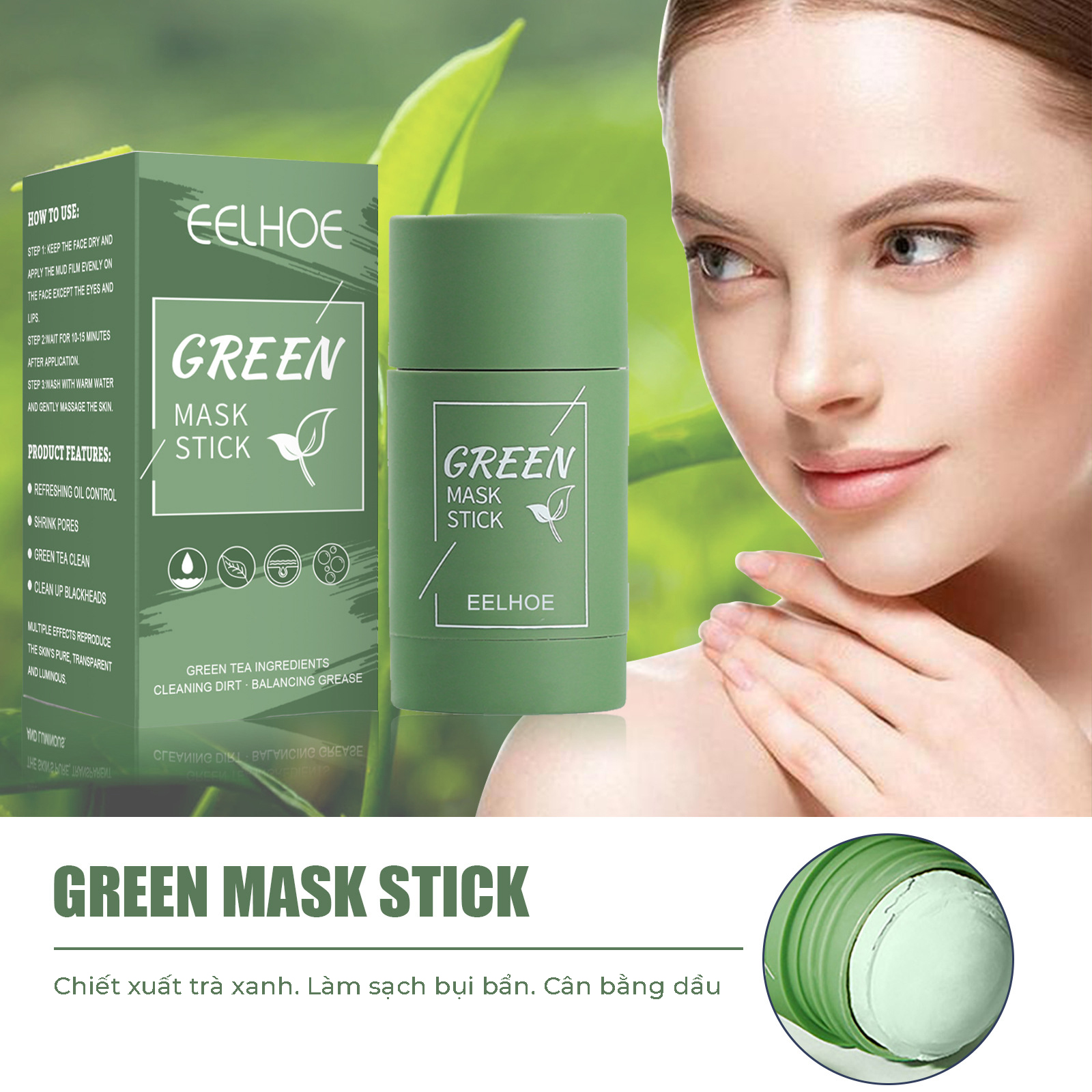 Mặt nạ trà xanh dạng lăn GREEN MASK STICK Thanh lăn mặt nạ trà xanh Green mask stick - Cam Kết Chính hãng 66g