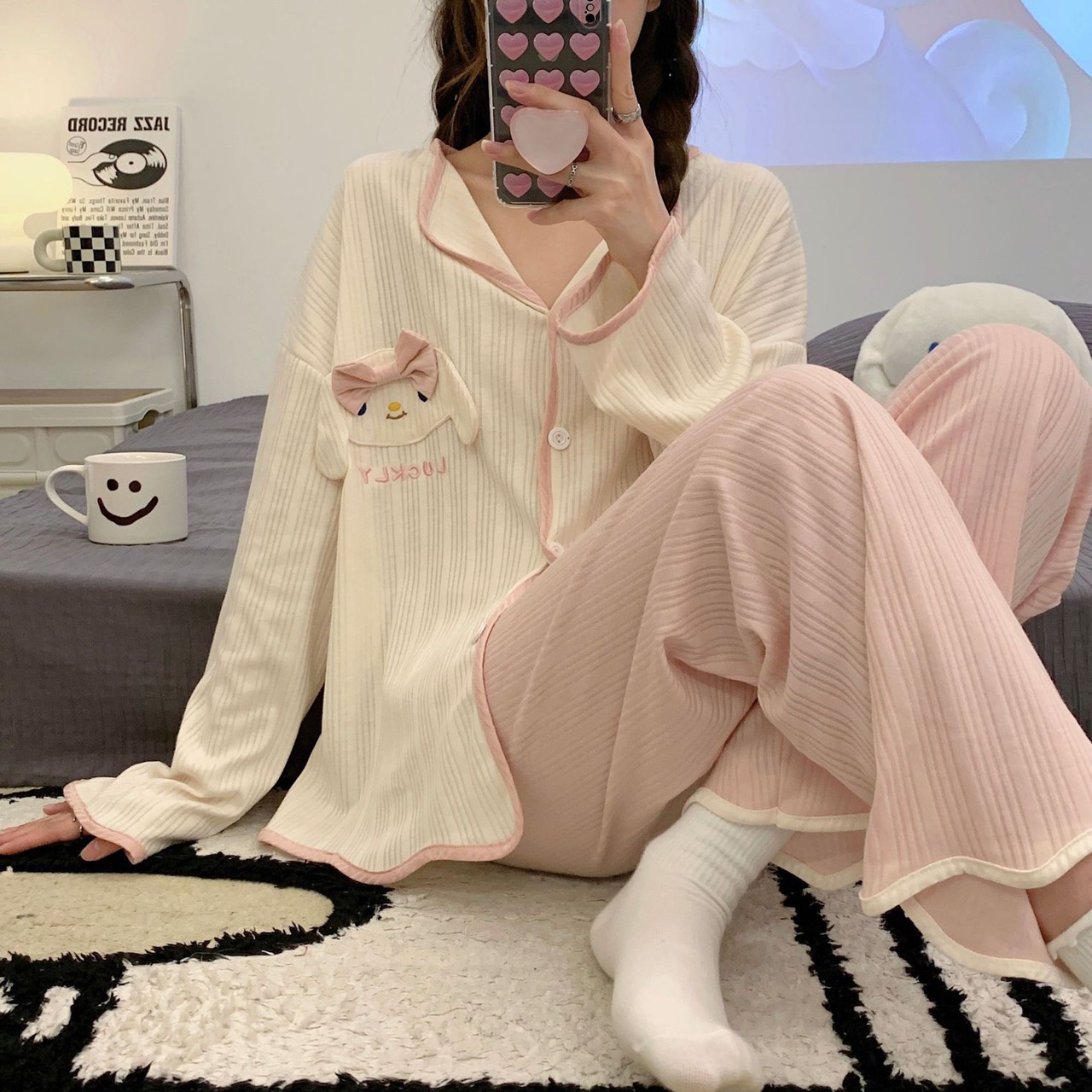 Bộ ngủ pyjama kẻ sọc viền lượn sóng cực xinh