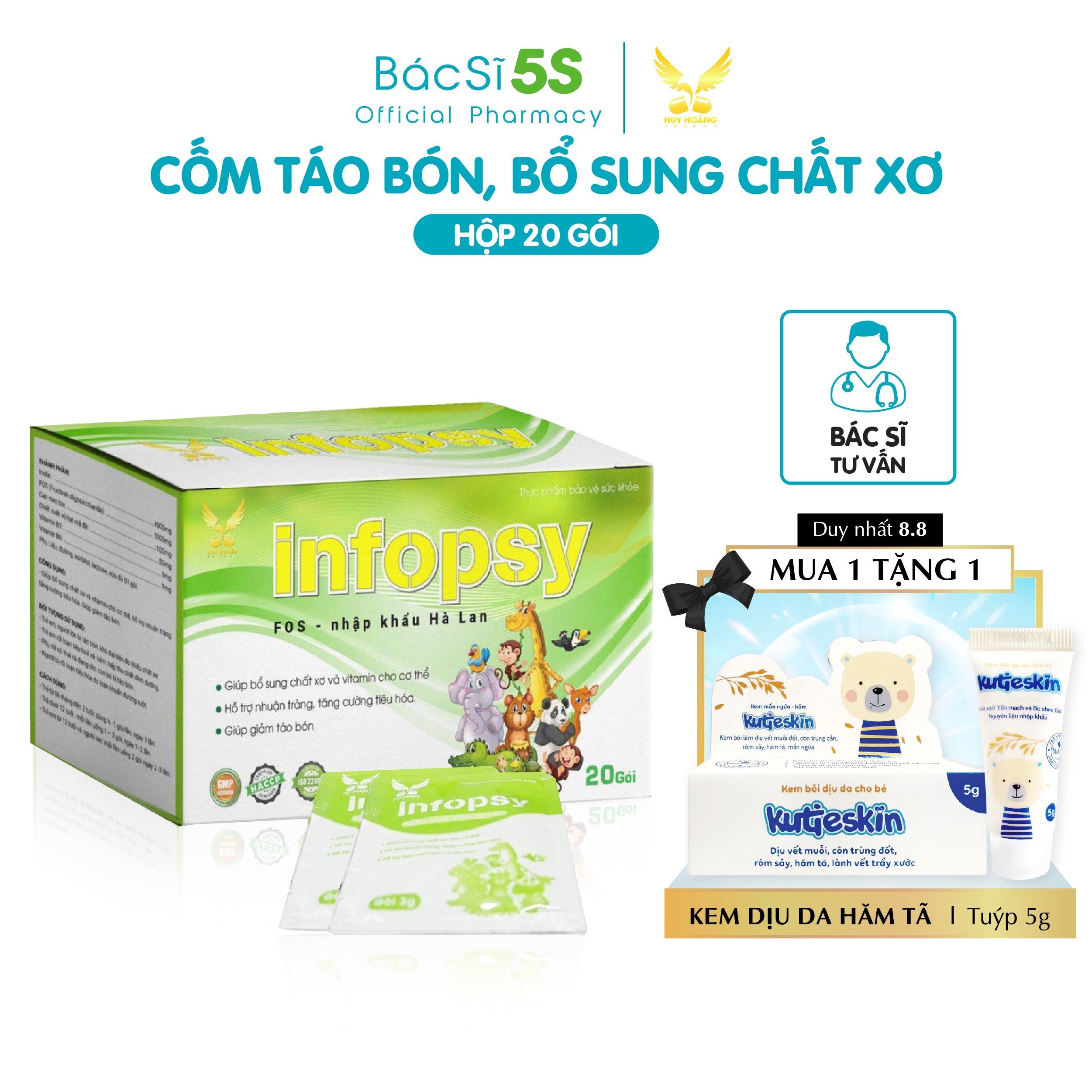 Cốm chống táo bón, bổ sung chất xơ Infopsy -  Thành phần chất xơ tiên tiến phối hợp Inulin & Fos (Hộp 20 gói)