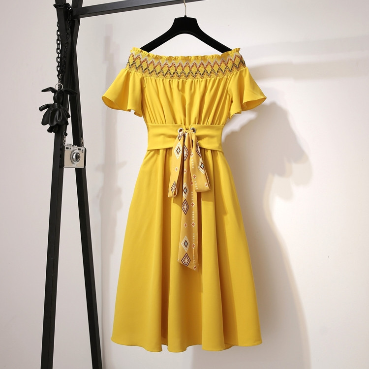 Đầm nữ dự tiệc cao cấp kiểu dáng trễ vai phần eo thắt nơ cách điệu chất vãi Kate hàn co giản mát nhẹ mẫu mới nhat năm 2020 LZ01535