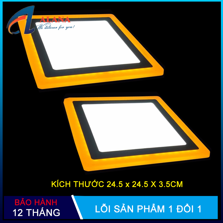 Bộ 2 đèn ốp trần, đèn led ốp trần nổi 24w 2 màu 3 chế độ thiết kế vuông thay đổi ánh sáng theo mỗi lần bật tắt công tắc chính