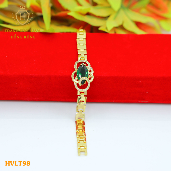 Vòng Tay Nữ, Lắc Tay Nữ Mặt Đính Đá Xanh, Titan Xi Mạ Vàng Non 24k Thật Cao Cấp - Trang Sức Hava Hong Kong