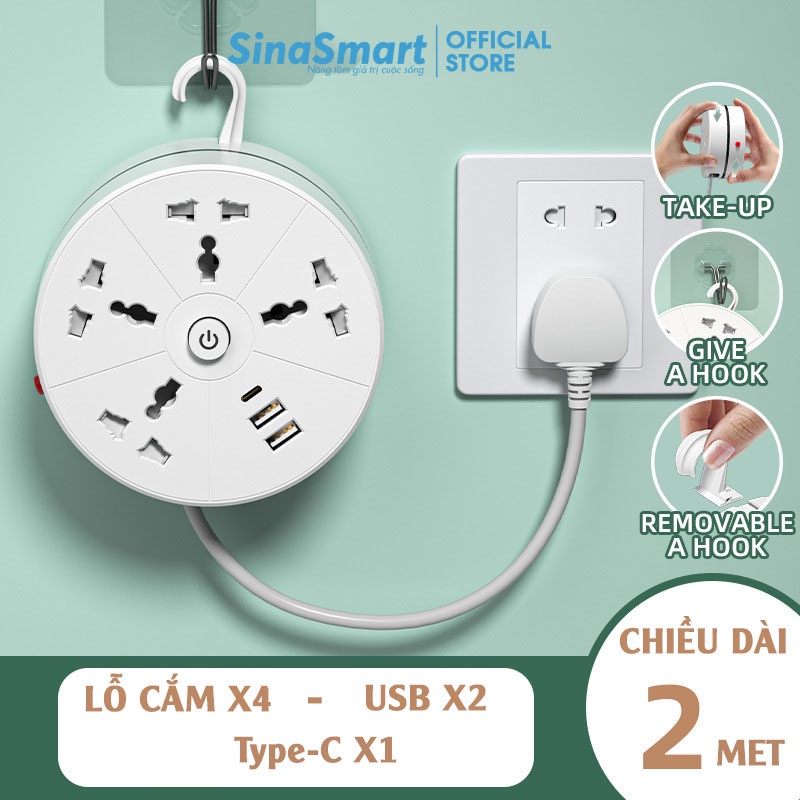 Ổ cắm điện đa năng có cổng sạc USB và Type C cuộn tròn thông minh bảo vệ dây chống giật cao cấp hàng tiêu chuẩn