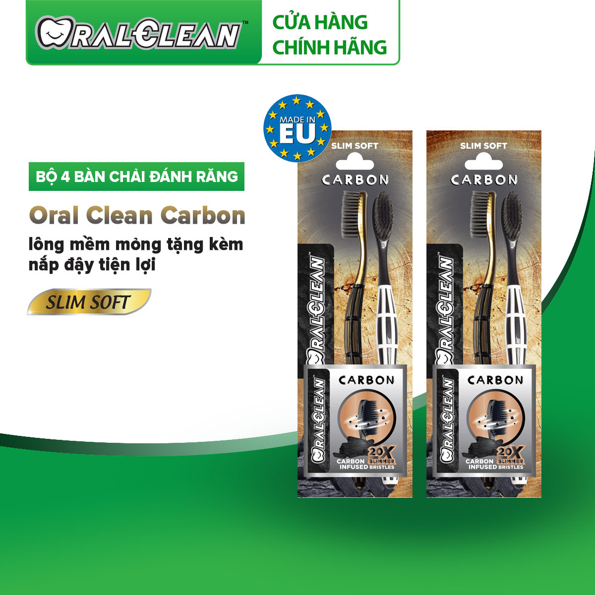 Bộ 4 bàn chải đánh răng OralClean Carbon lông mềm mỏng tặng kèm nắp đậy