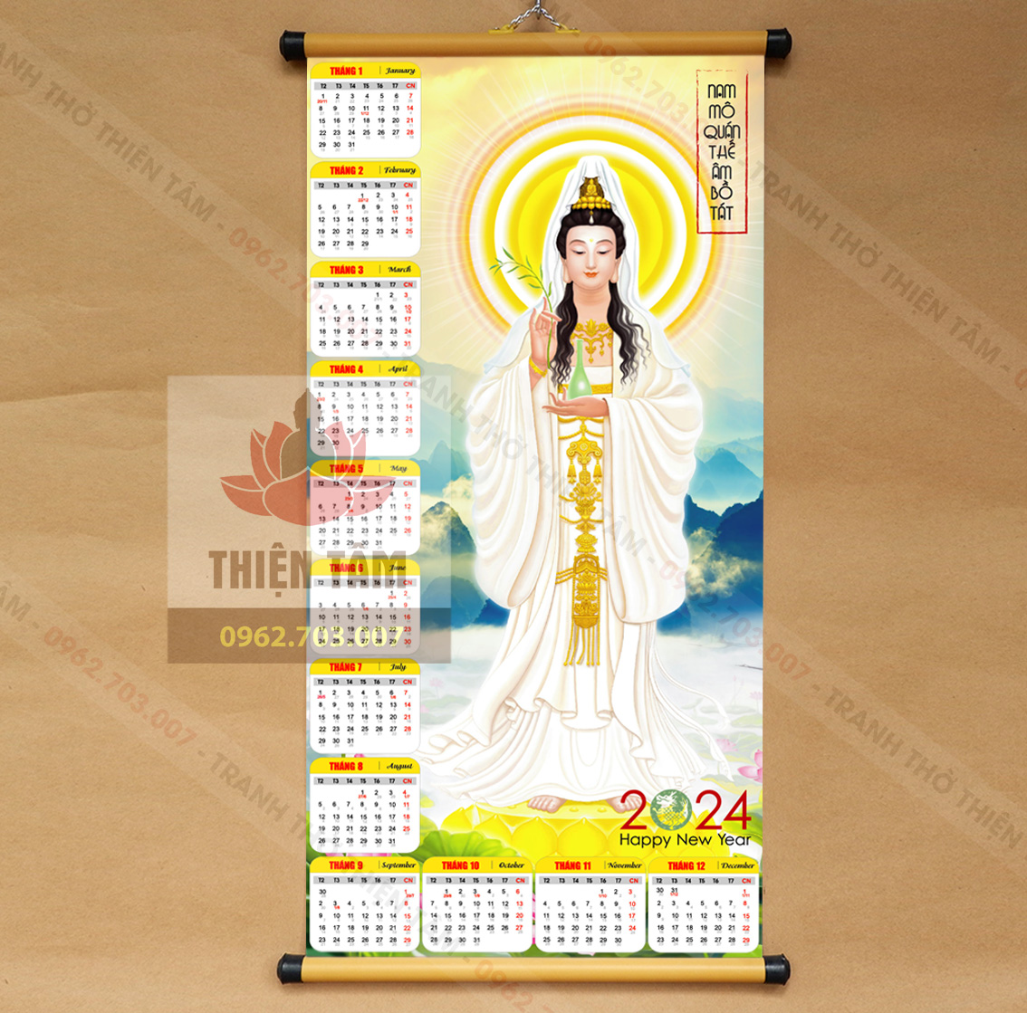 Lịch Phật Giáo 2024 kích thước 40x80cm bằng vải phủ bóng cao cấp, dày dặn