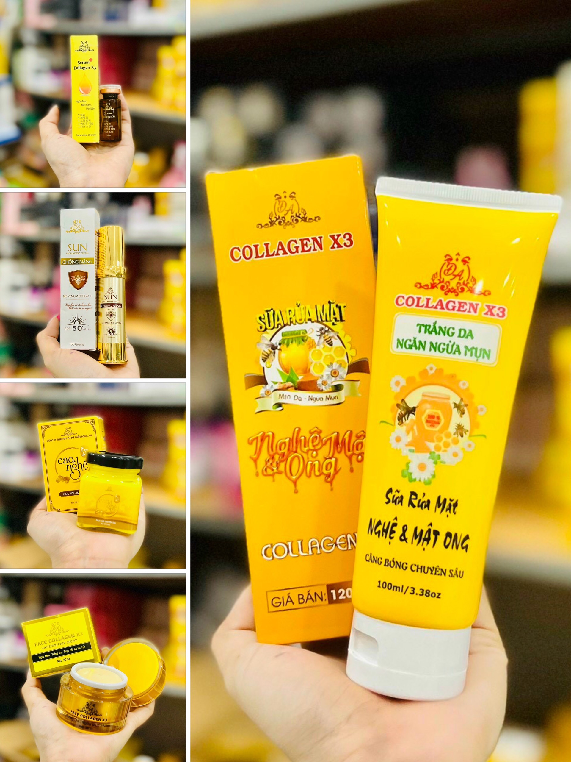 combo 5sp mỹ phẩm đông anh kem face X3+ Serum nám X3+Sửa rửa mặt nghệ X3+Tẩy tế bào Chanh bạc hà+Kem chống nắng X3- Đông Anh Chính hãng