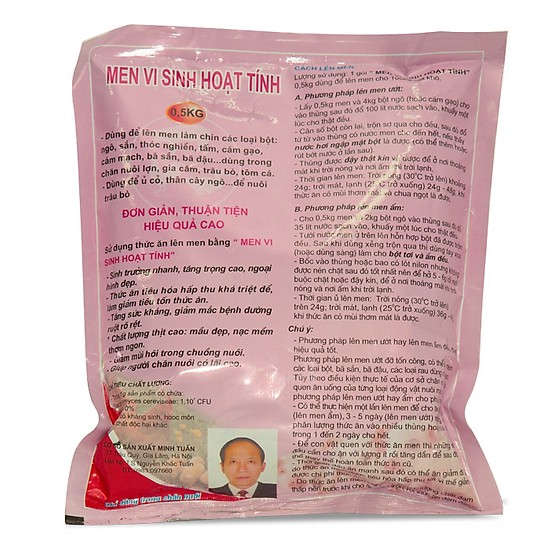 gói 500gr men vi sinh ủ  phối trộn thức ăn chăn nuôi  Tăng hiệu quả chăn nuôi  Sinh trưởng phát triển tốt thú nuôi ăn thức ăn ủ men cho tăng trọng cao hơn khoảng 24% Tăng khả năng sinh sản - Giảm chi phí thức ăn