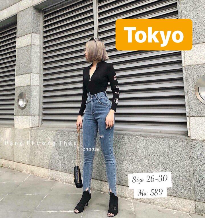 QUẦN JEAN NỮ CHẤT BÒ NƠ XANH RÁCH CÁ TÍNH LƯNG CAO NÂNG MÔNG HIROSHI CAO CẤP TOKY-589 - TOKYO FASHION