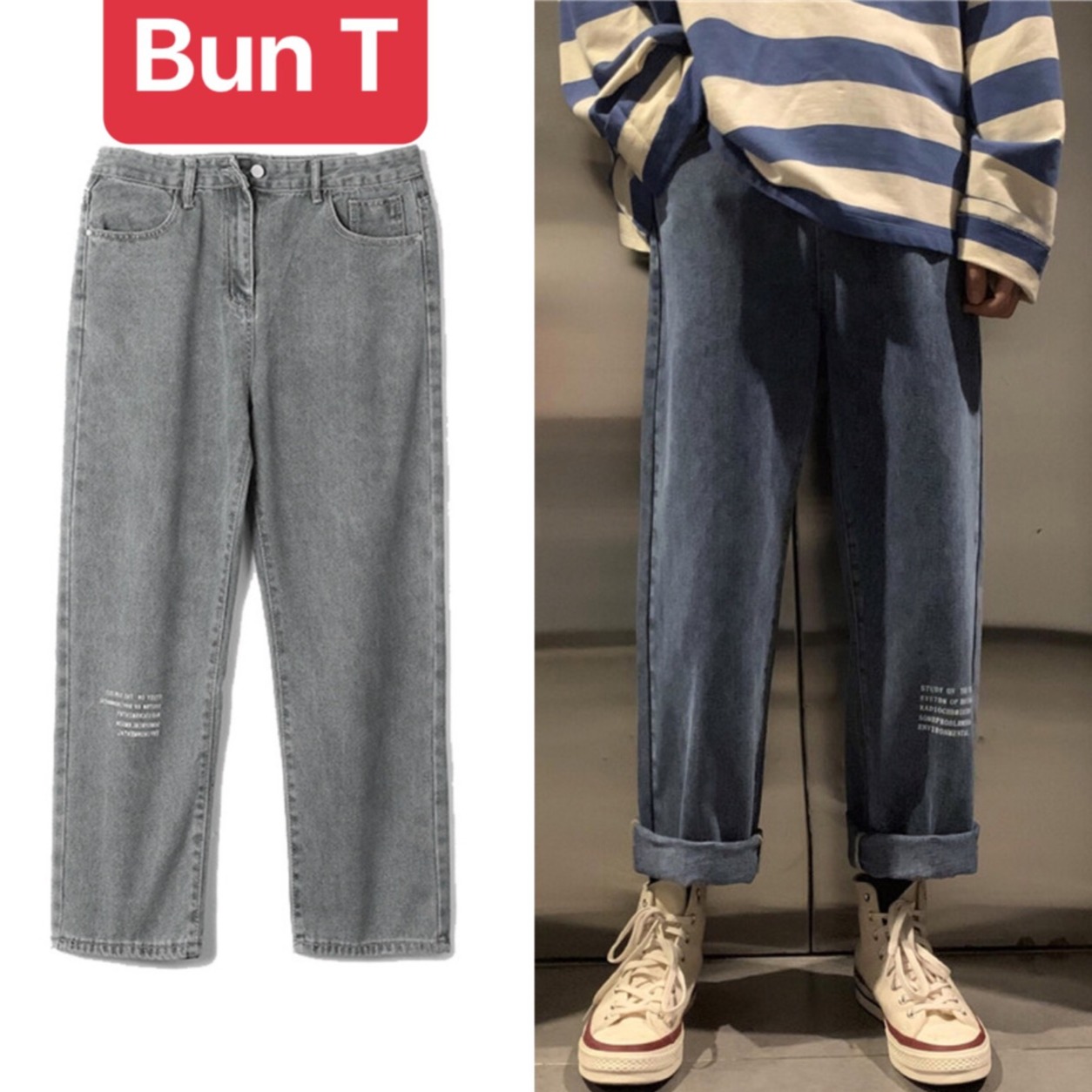 QUẦN BAGGY JEAN NAM CHẤT BÒ XANH THÊU CHỮ XÌ TEEN ỐNG RỘNG DÀI HOT TREND MÙA HÈ HÀN QUỐC DB-33 - TRANG BUN FASHION