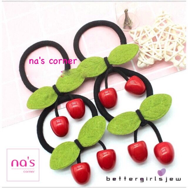Thun cột tóc buộc tóc cherry đỏ nơ xanh dễ thương